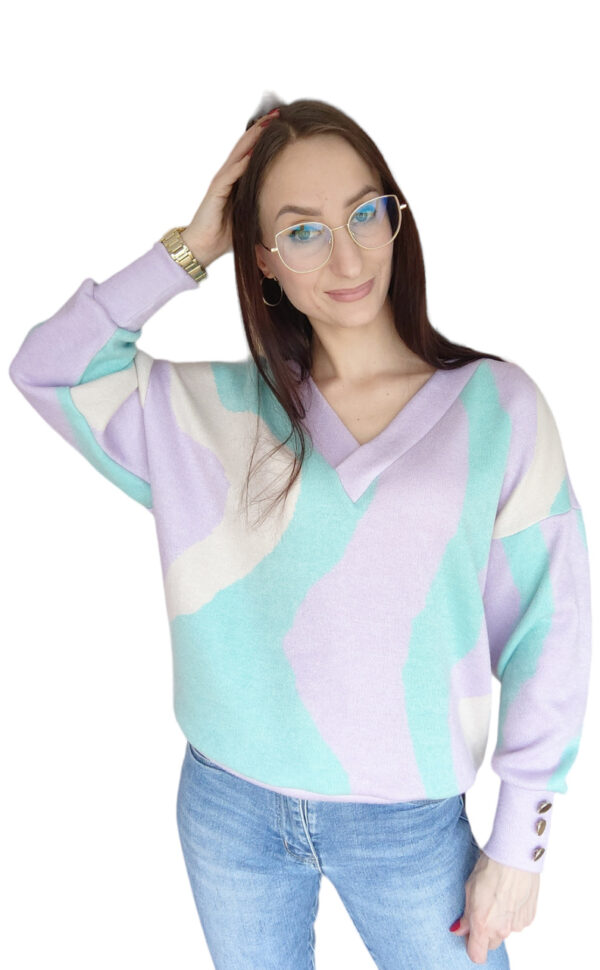 sweter - sweter w serek - sweter mozaika - sweter w serek fiolet z miętą- sweter w serek mozaika fiolet z miętą- na co dzień