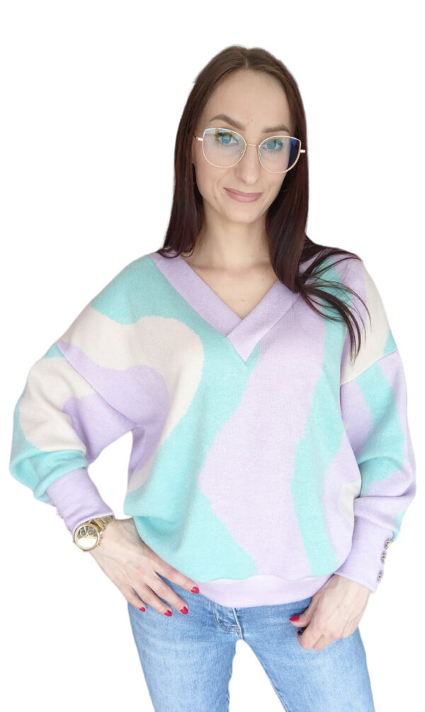 sweter - sweter w serek - sweter mozaika - sweter w serek fiolet z miętą- sweter w serek mozaika fiolet z miętą- na co dzień