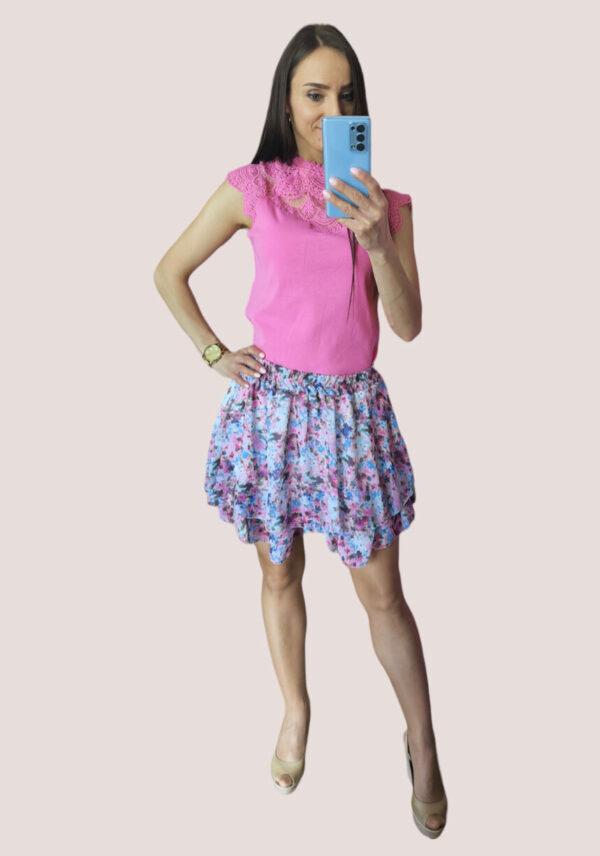 spódnica - krótka spódnica - mini spódnica - spódnica w kwiaty - spódnica w kwiaty różowo fioletowe