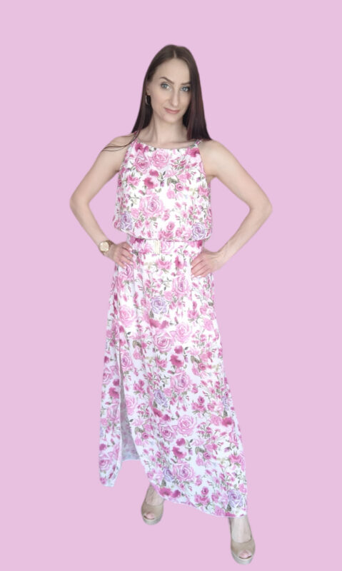 Biała długa sukienka w fioletowe kwiaty