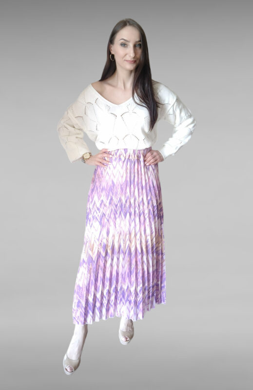 Długa spódnica plisowana we wzory fioletowo beżowa