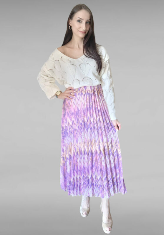 Długa spódnica plisowana we wzory fioletowo beżowa